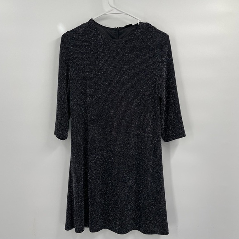 Zara W/B Collection Black Silver Metallic Shimmer 3/4 Sleeve Mini Dress Small